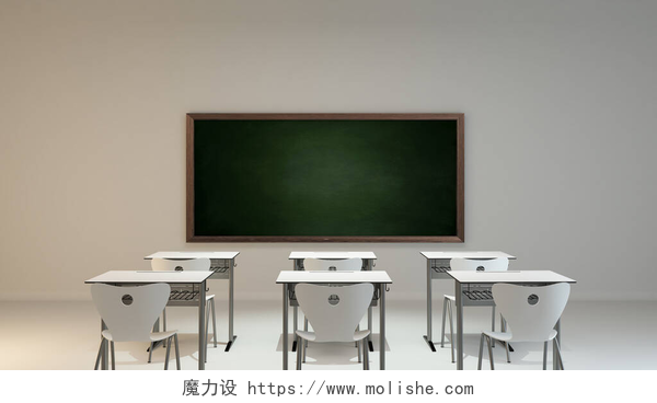 白色背景室内的教室空的现代教室概念与白色木制书桌，椅子和绿色背景3D渲染